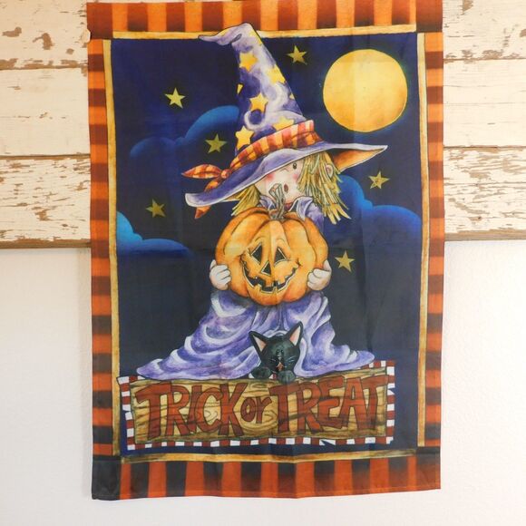Halloween Decor Flag Fall Banner Trick Or Treat VINTAGE 90s 28x40 Cat Pumpkin - Picture 6 of 6